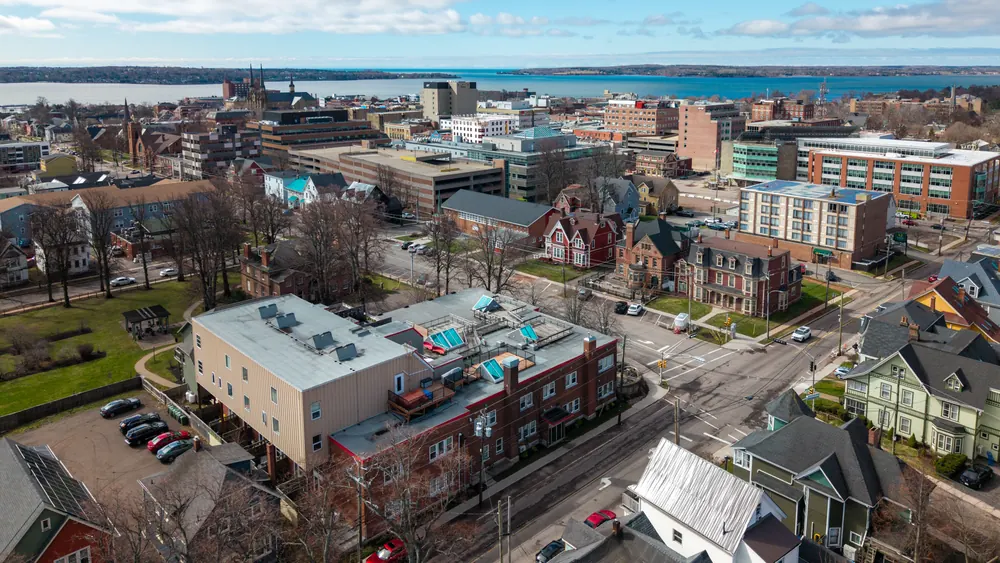 Aerial view of Y Lofts at 252 Prince Street, looking toward downtown Charlottetown